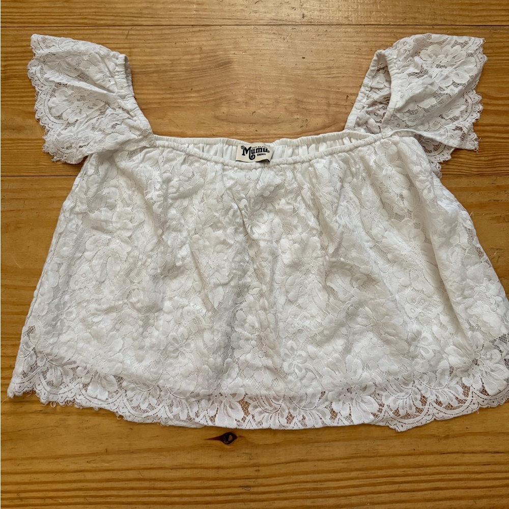 Show Me Your Mumu White Lace Off the Shoulder Flutter Sleeve Crop Blouse